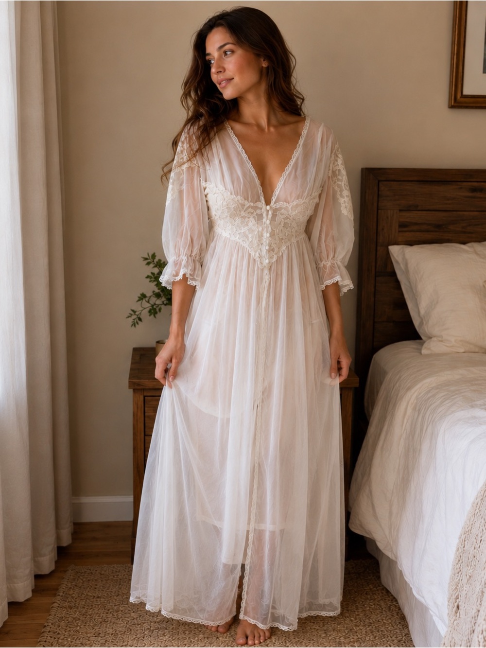 Val Mode Vintage White Lace Trim Bridal Nightgown